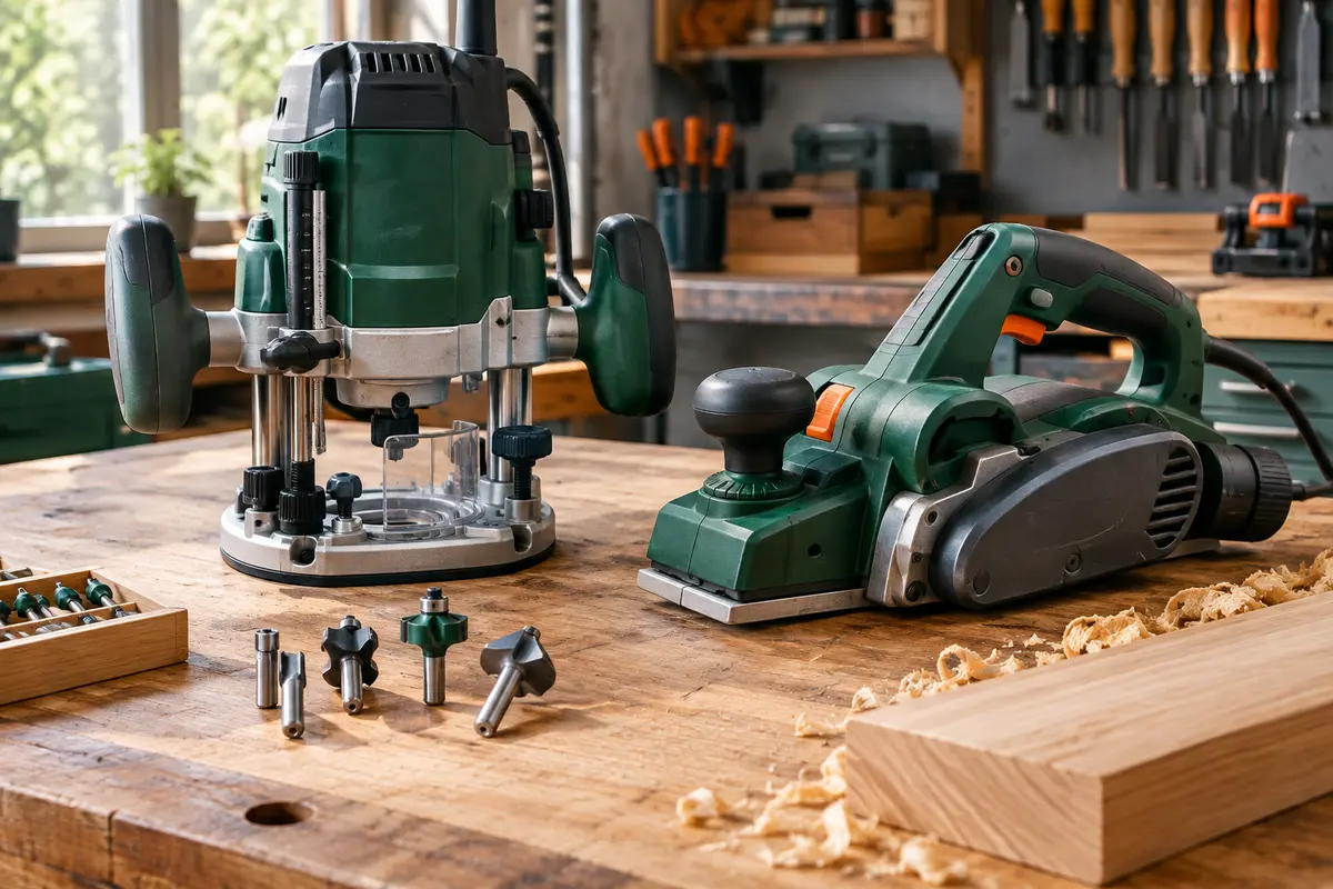 Défonceuse et rabot électrique accompagnés d’accessoires de travail du bois