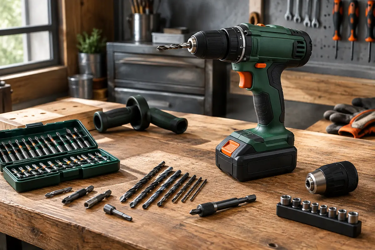 Perceuse électroportative et accessoires de vissage posés sur un établi en bois