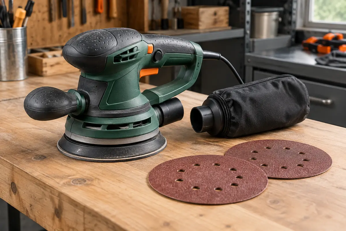 Ponceuse excentrique avec disques abrasifs posée sur une planche de bois