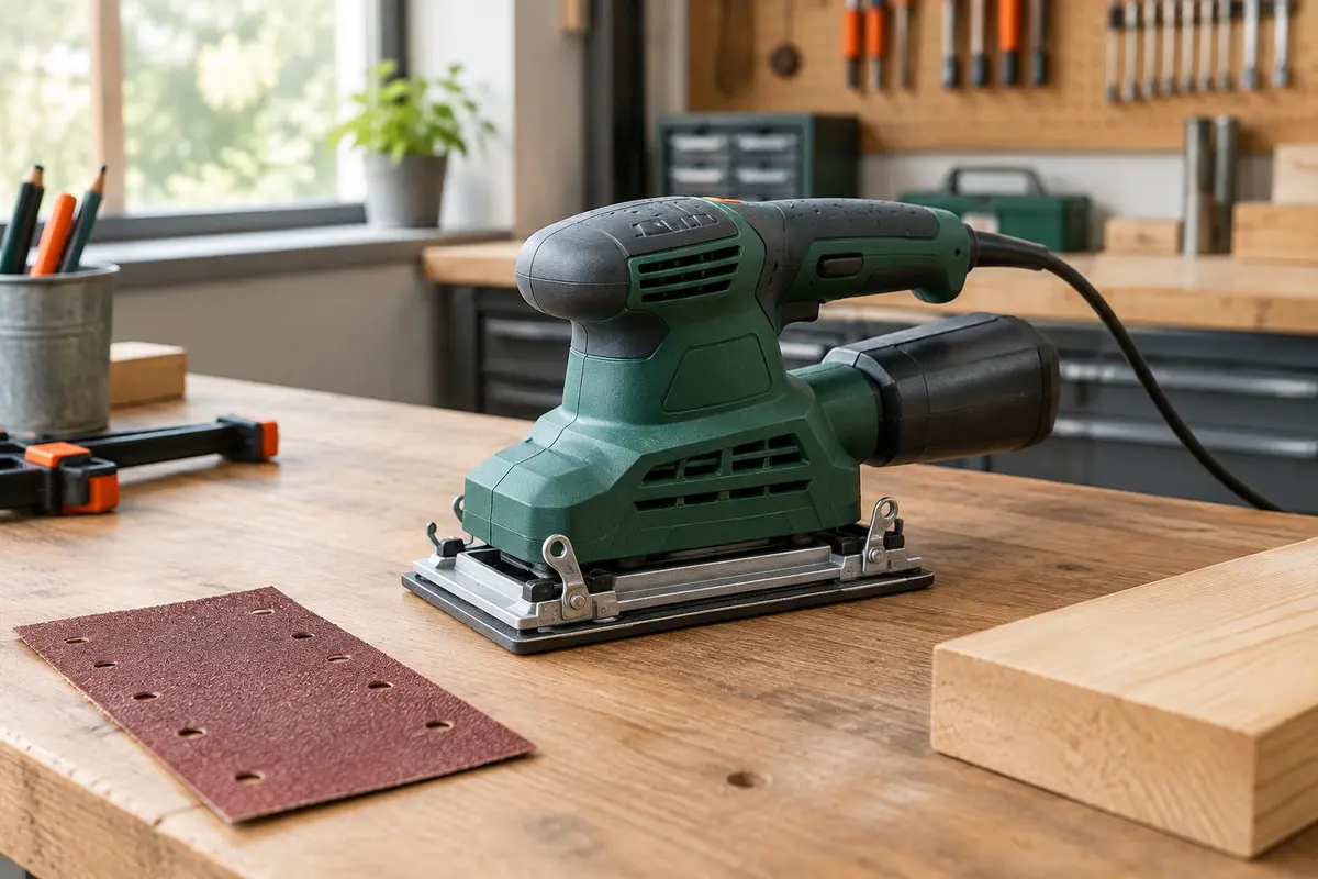Ponceuse vibrante avec feuille abrasive près d’une pièce de bois
