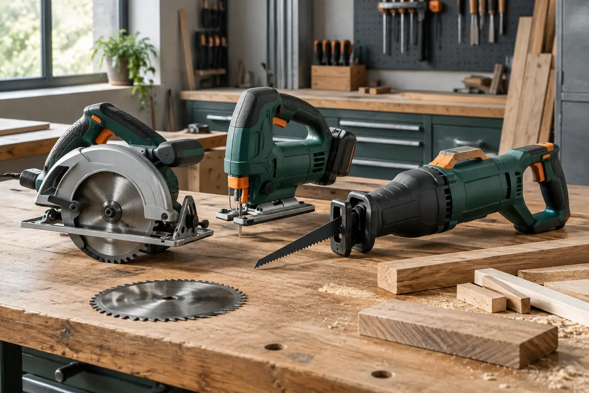 Scies électroportatives et pièces de bois réunies sur un établi d’atelier