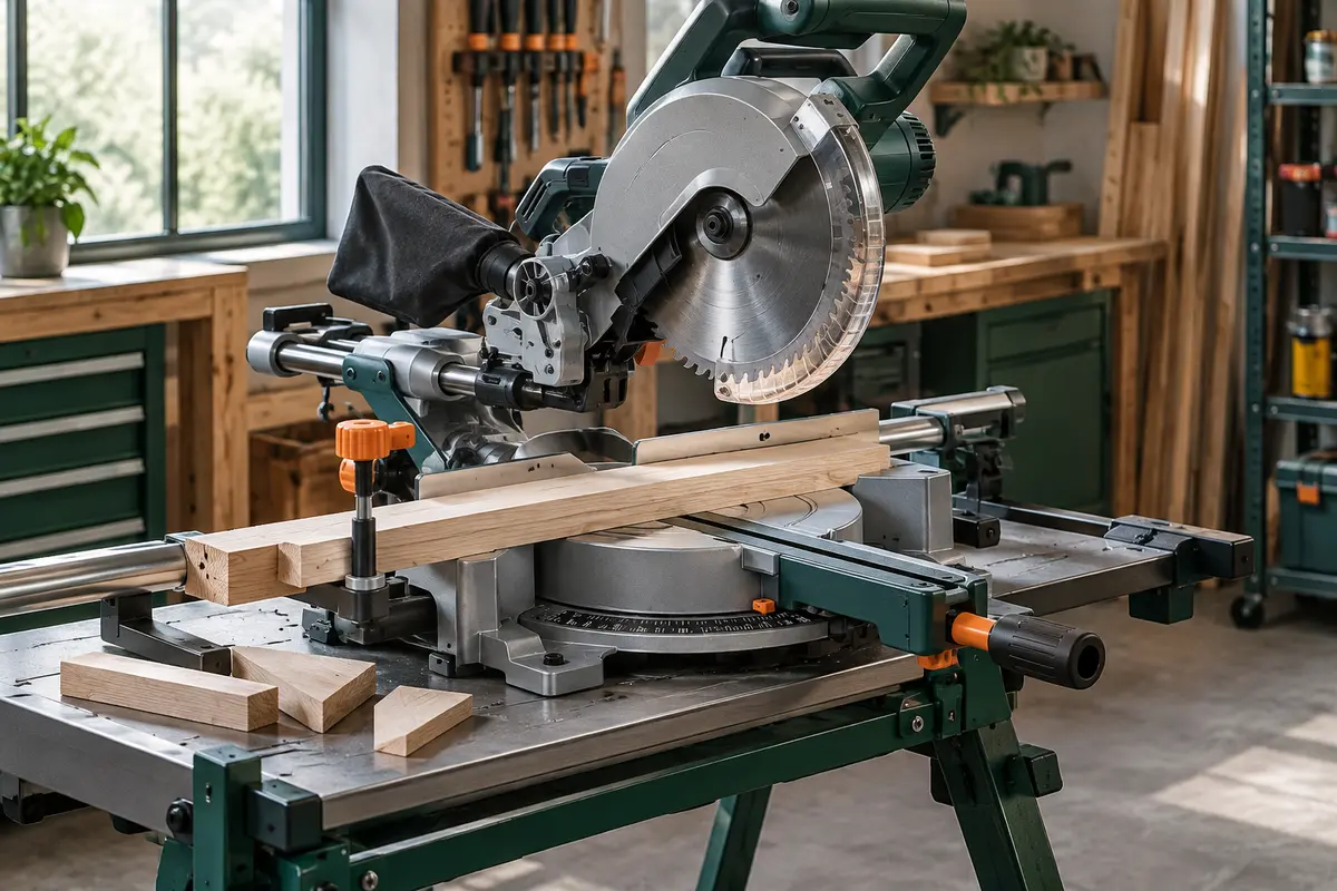 Scie à onglets sur support d’atelier avec un tasseau de bois
