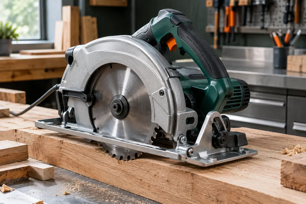 Scie circulaire portative posée sur une planche de bois dans un atelier