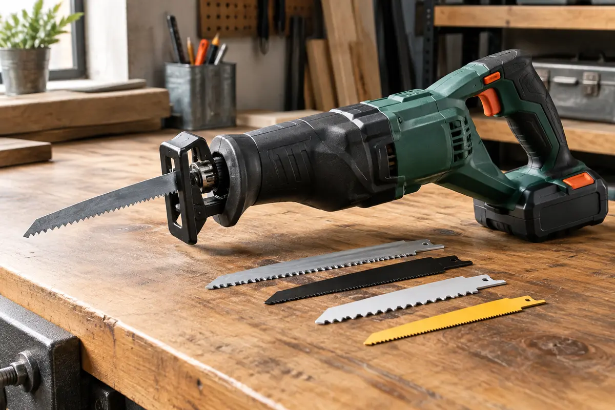 Scie sabre sans fil avec plusieurs lames posées sur un établi d’atelier