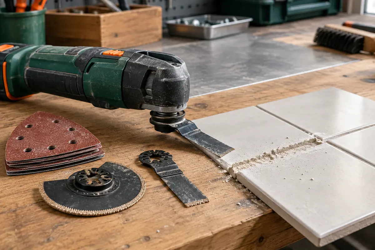 Outil oscillant et lames abrasives près d’un joint de carrelage partiellement retiré