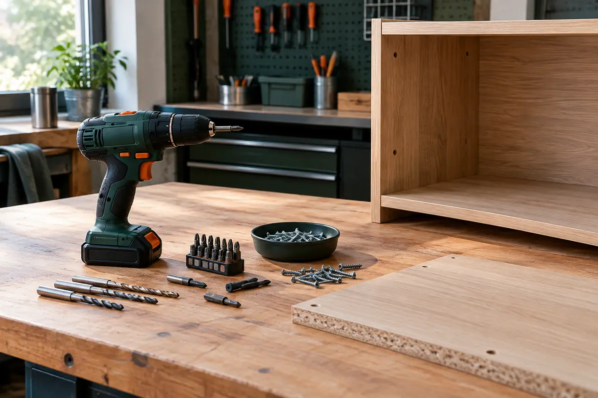 Perceuse-visseuse compacte et accessoires de perçage préparés sur un établi en bois