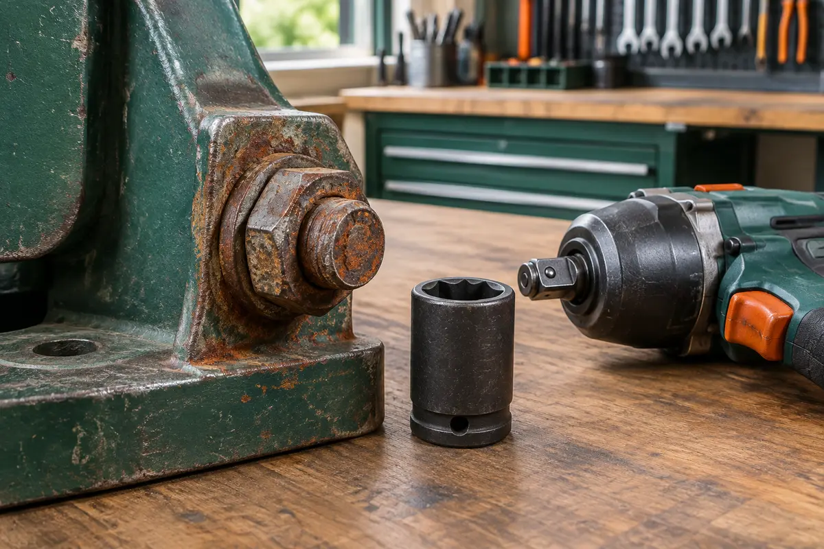 Écrou rouillé et douille à chocs adaptés posés près d’une pièce métallique stabilisée en atelier.