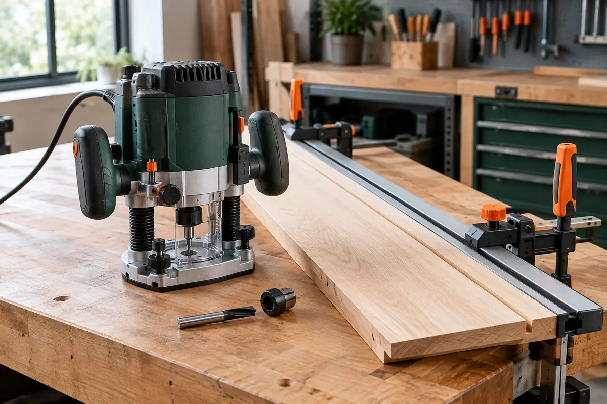 Défonceuse et règle de guidage près d’un panneau de bois fixé pour réaliser une rainure droite.
