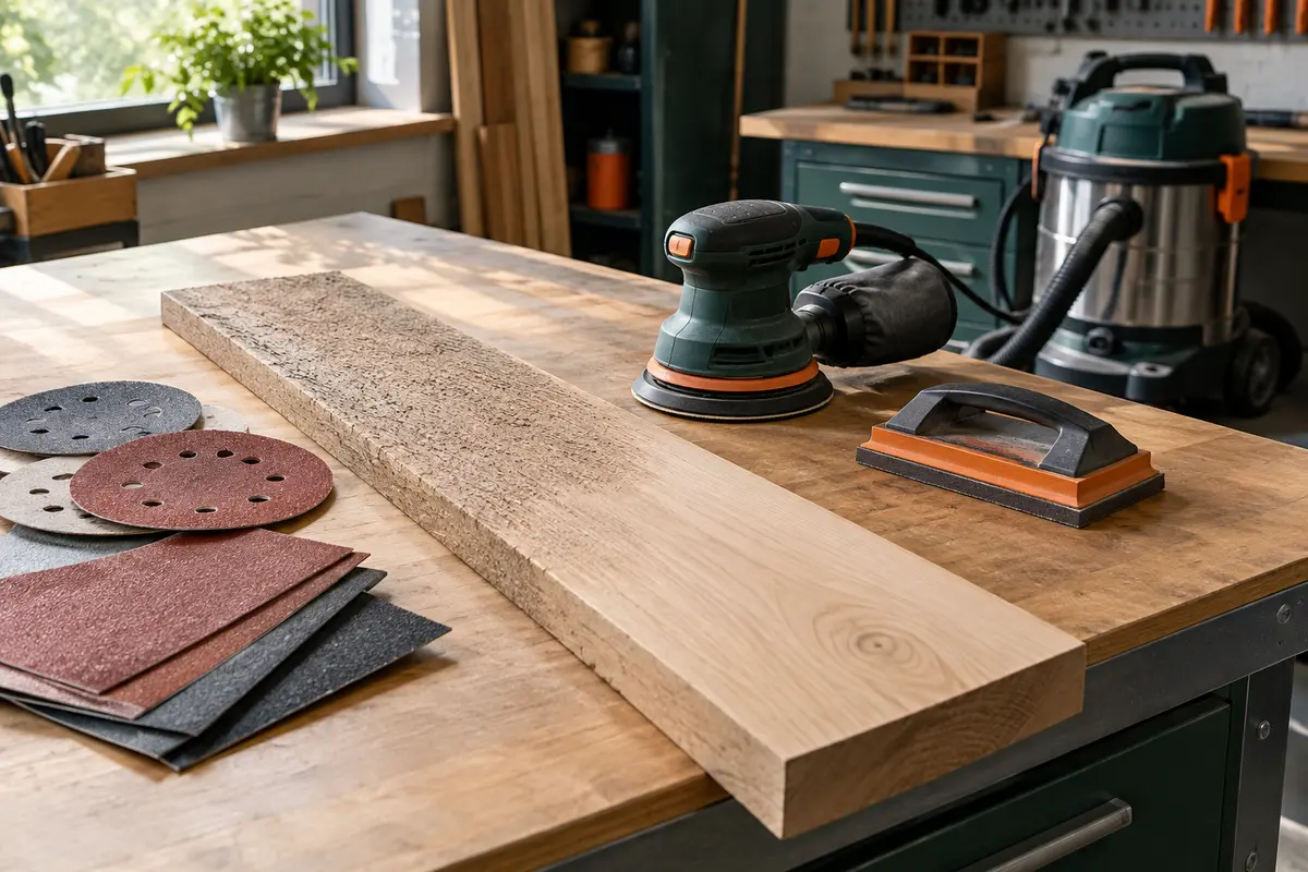 Planche de bois brut, feuilles abrasives de différents grains et ponceuse sur un établi