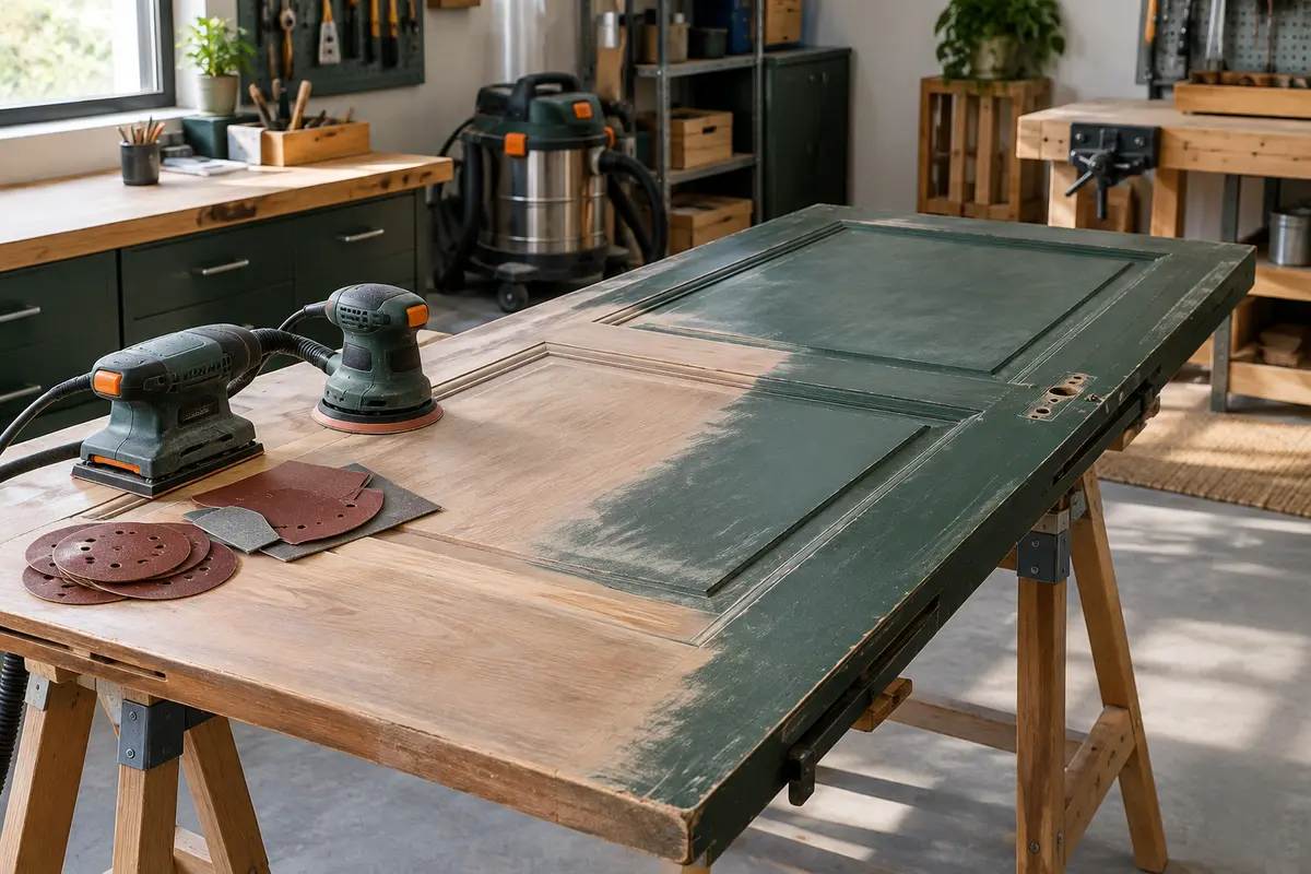 Porte en bois sur tréteaux avec ponceuses vibrante et excentrique pour préparer sa surface avant peinture