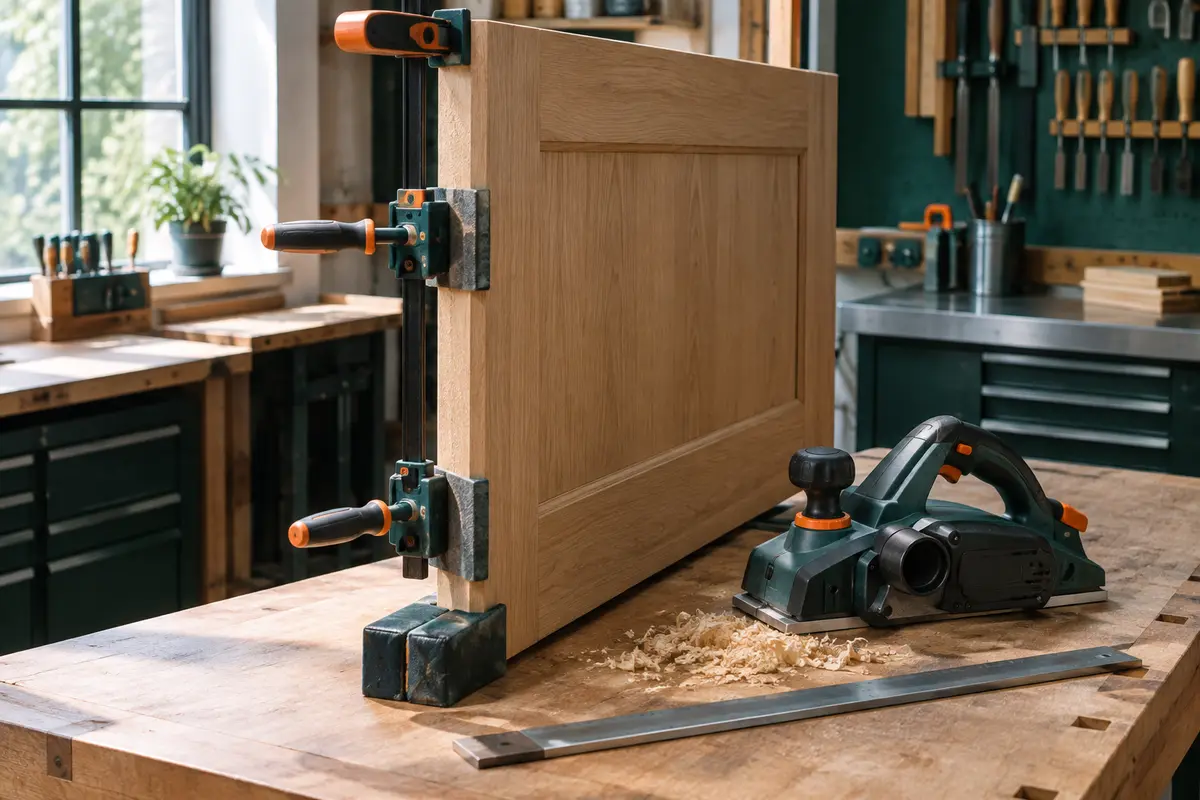 Porte en bois immobilisée sur son chant à côté d’un rabot électrique et d’une règle de contrôle