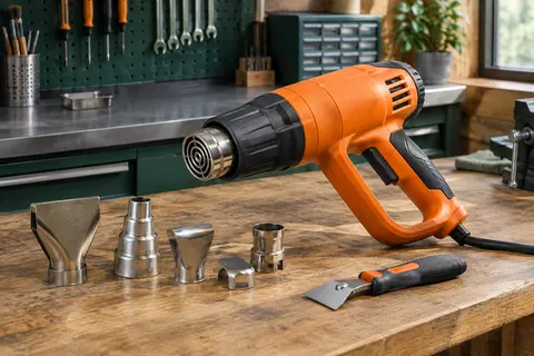 Décapeur thermique orange à poignée en D posé sur un établi en bois, avec ses accessoires alignés.