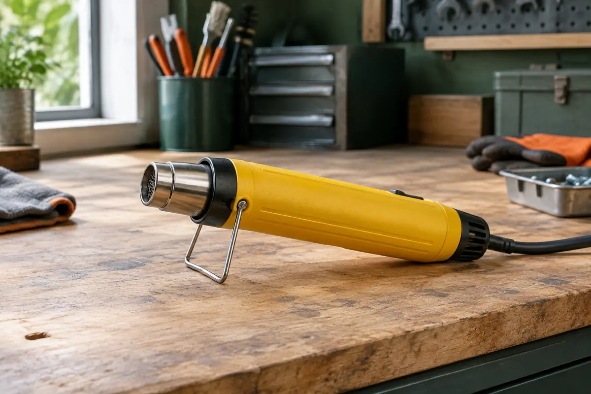 Mini décapeur thermique jaune avec buse métallique et support pliable posé sur un établi en bois.