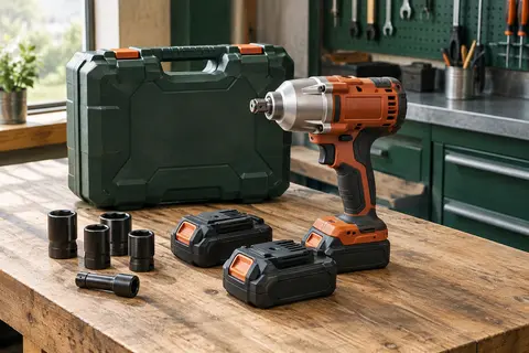 Clé à chocs sans fil Avhrit AT450 avec batteries et douilles sur un établi en bois et métal.
