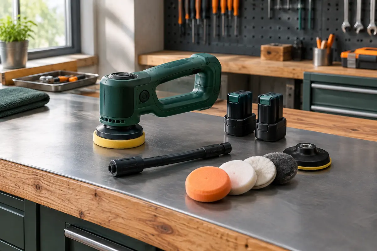 Mini polisseuse sans fil verte avec batteries et accessoires posés sur un établi en bois