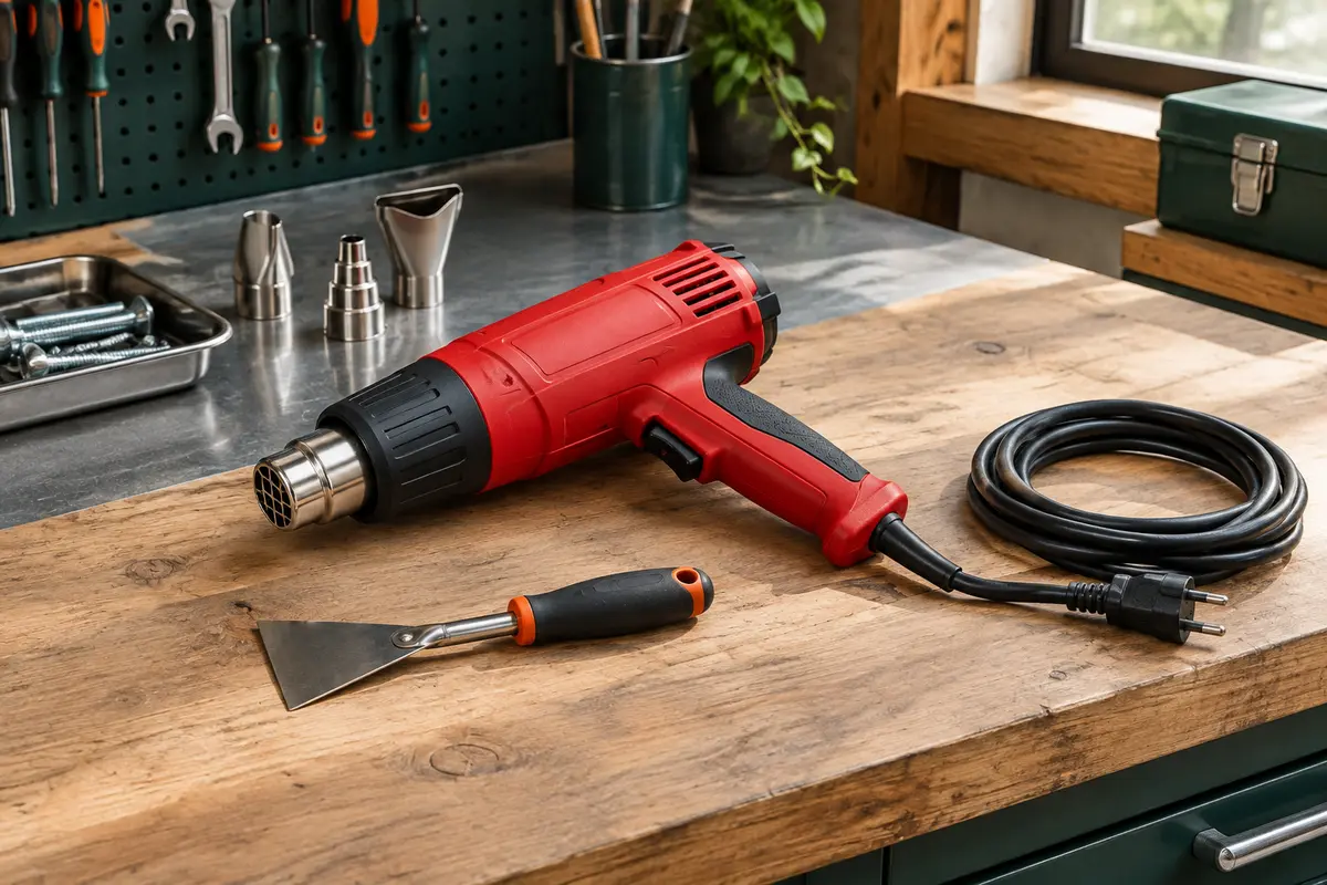 Décapeur thermique rouge à poignée pistolet posé à plat sur un établi en bois, avec son grattoir.