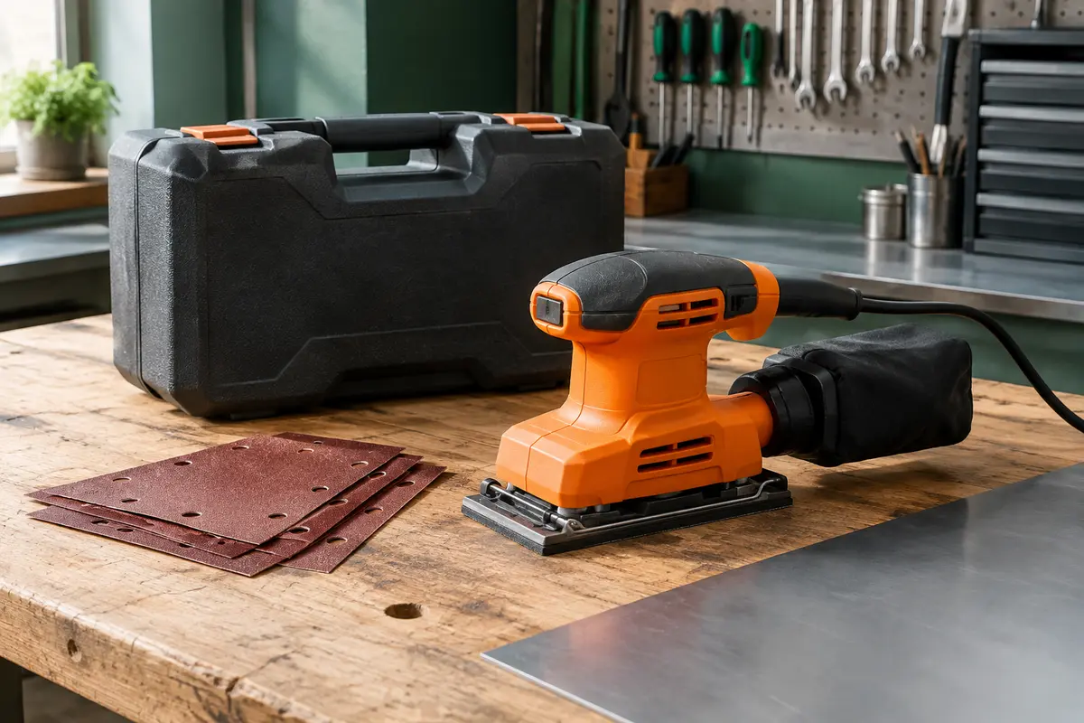 Ponceuse vibrante orange accompagnée de son coffret et de feuilles abrasives sur un établi.
