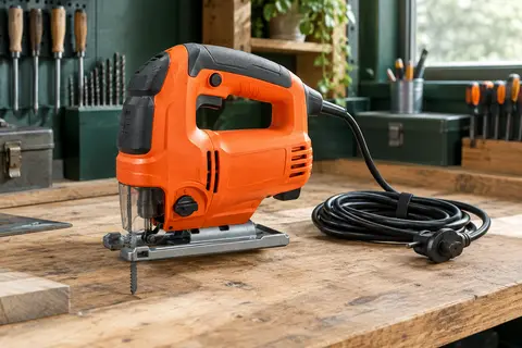Scie sauteuse filaire orange avec semelle inclinable posée sur un établi en bois