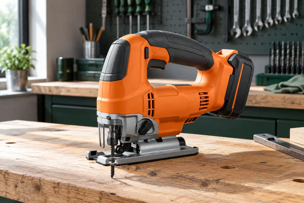 Scie sauteuse pendulaire compacte orange posée sur un établi en bois dans un atelier soigné