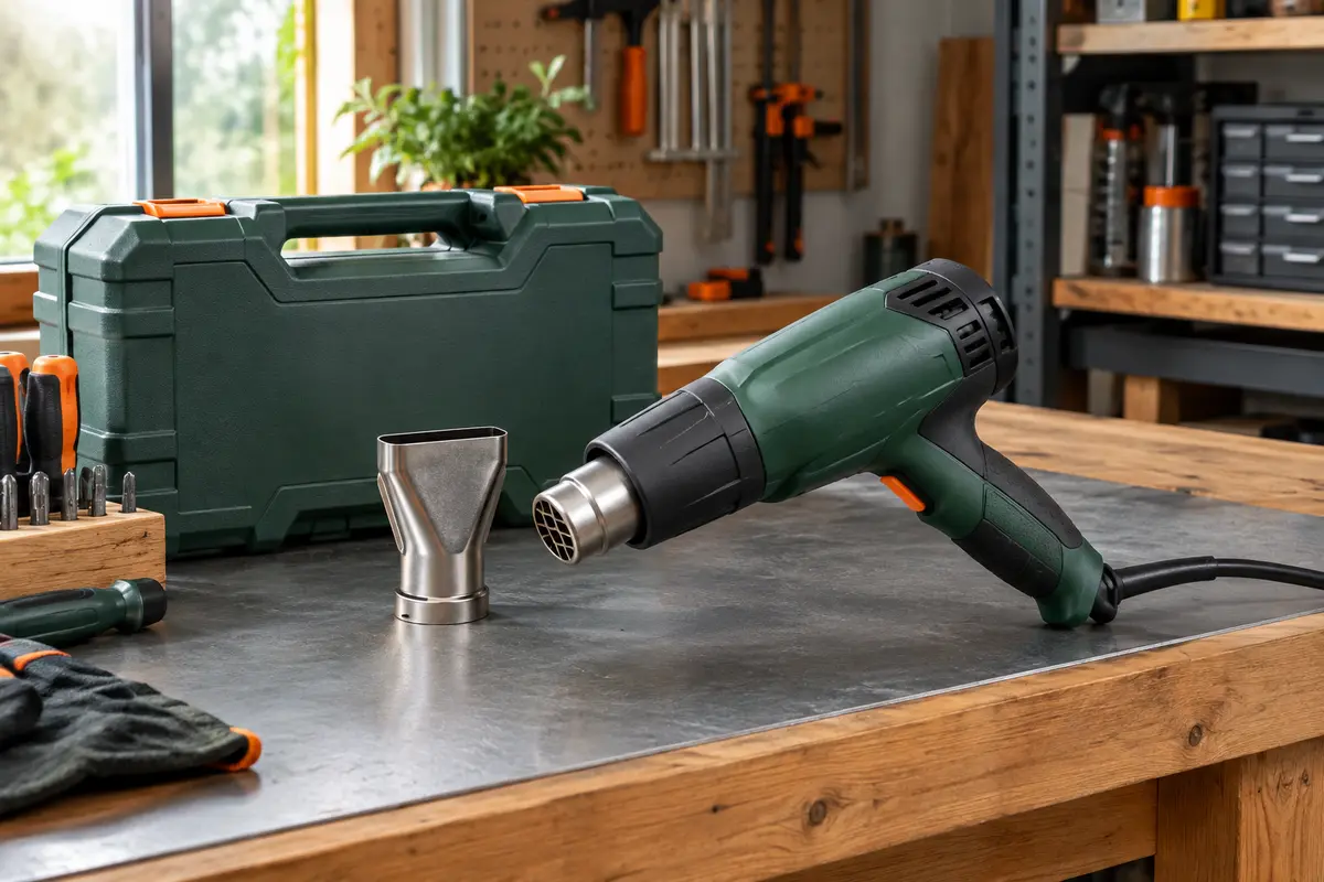 Décapeur thermique Bosch vert avec buse protège-vitres et coffret de transport sur un établi d’atelier