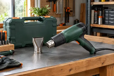 Décapeur thermique Bosch vert avec buse protège-vitres et coffret de transport sur un établi d’atelier