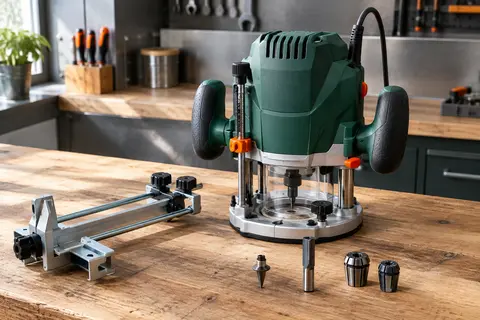 Défonceuse Bosch verte avec poignées latérales et accessoires disposés sur un établi en bois.