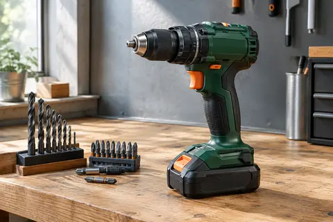 Perceuse-visseuse à percussion sans fil verte et noire, avec batterie, posée sur un établi en bois.