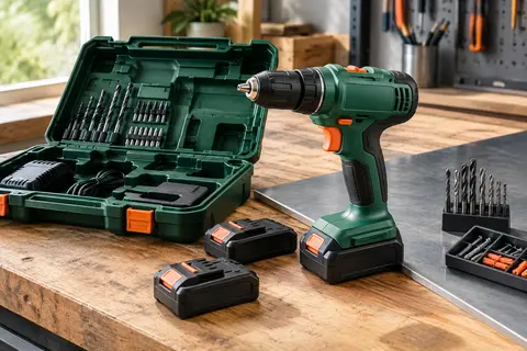 Perceuse-visseuse sans fil verte avec deux batteries et coffret, posée sur un établi d’atelier