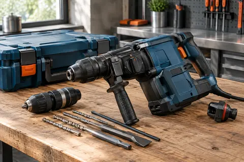 Perforateur bleu avec mandrin interchangeable et coffret posé sur un établi en bois et métal
