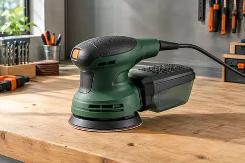Ponceuse excentrique Bosch verte posée sur un établi en bois dans un atelier soigné.