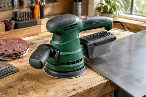 Ponceuse excentrique verte avec poignée supplémentaire et coffret posés sur un établi en bois.