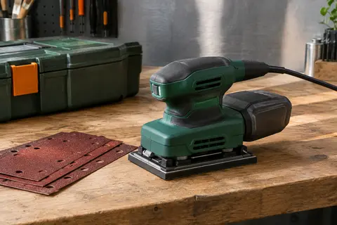 Ponceuse vibrante verte à plateau rectangulaire posée sur un établi avec des feuilles abrasives et un coffret.