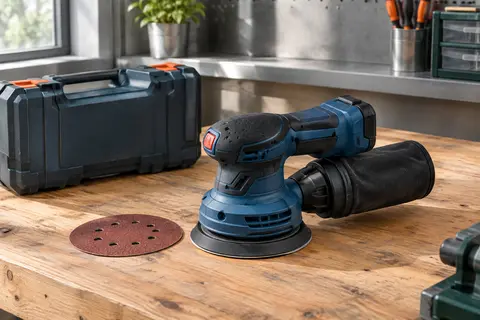Ponceuse excentrique sans-fil Bosch bleue avec plateau de 125 mm et sac à poussière sur un établi