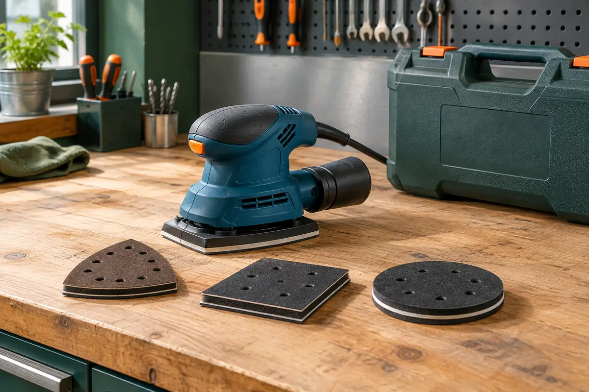 Ponceuse vibrante bleue avec poignée ergonomique et plateaux interchangeables sur un établi en bois.