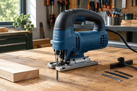 Scie sauteuse électrique bleue posée sur un établi en bois, avec sa semelle métallique et sa lame.