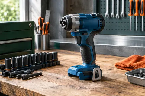 Visseuse à chocs Bosch Pro bleue sans batterie, posée sur un établi en bois près d’accessoires rangés.