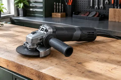 Meuleuse d’angle filaire noire avec disque de 125 mm, capot de protection et poignée auxiliaire sur un établi