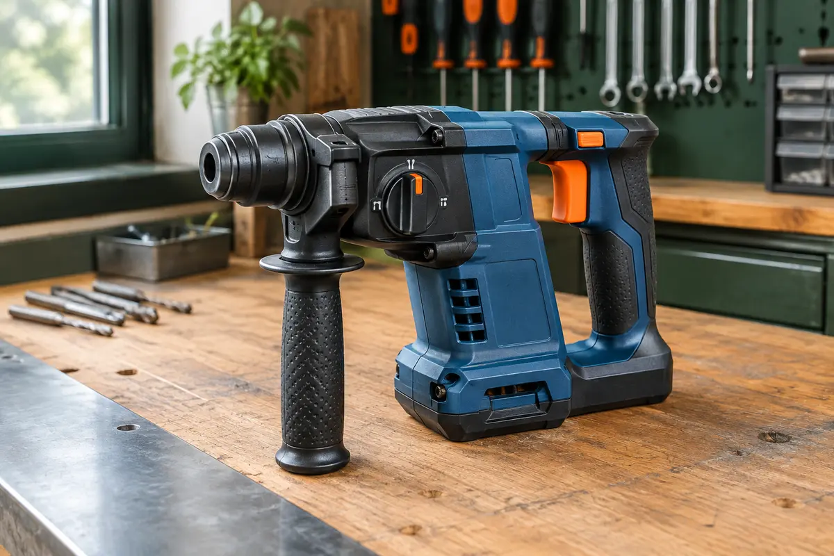 Perforateur sans fil bleu Bosch Professional posé sur un établi en bois, porte-outil SDS plus visible.