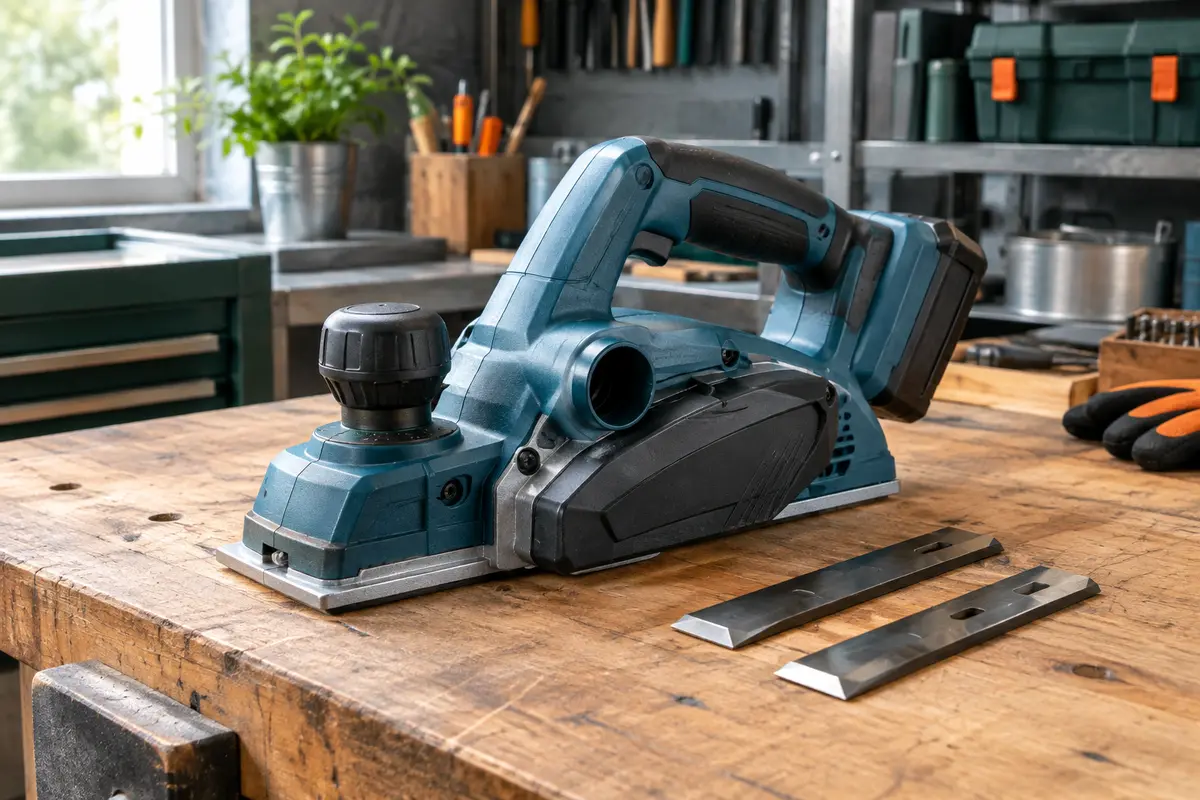 Rabot électrique sans fil bleu posé sur un établi en bois, avec deux fers de rabot à proximité