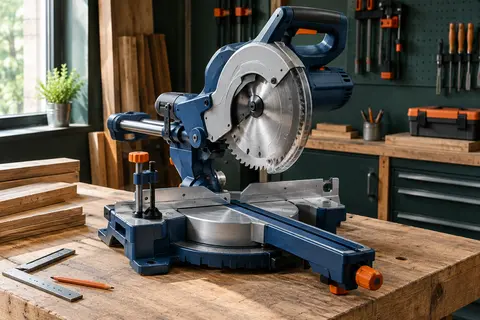 Scie à onglets radiale bleue avec lame circulaire et serre-joint sur un établi en bois