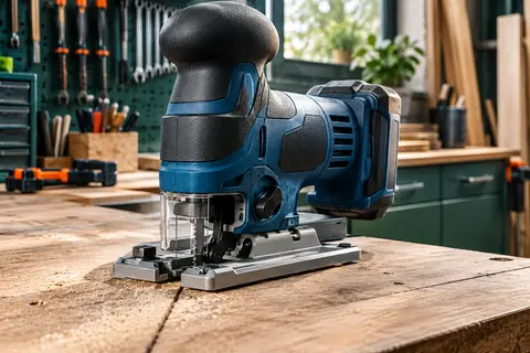 Scie sauteuse sans fil compacte Bosch Professional avec poignée champignon, posée sur un établi d’atelier.