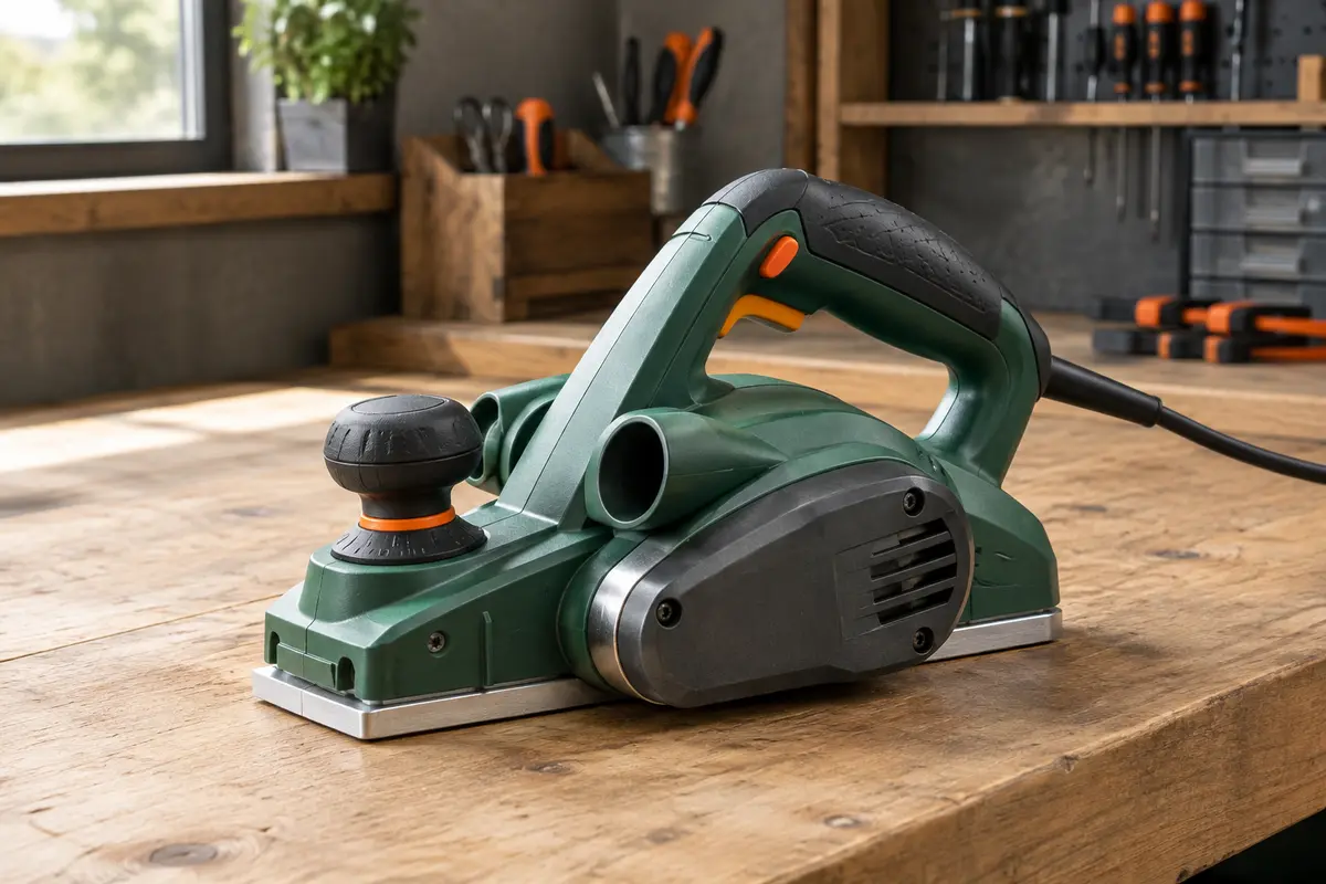 Rabot électrique vert posé sur un établi en bois, avec sa poignée et sa semelle visibles