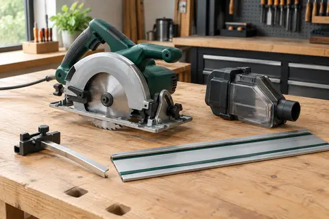 Scie circulaire verte avec rail de guidage, butée parallèle et boîtier de collecte sur un établi en bois