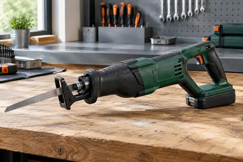 Scie sabre sans fil Bosch verte et noire posée sur un établi en bois dans un atelier soigné.
