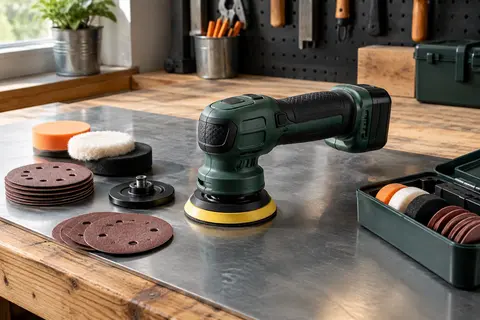 Mini polisseuse-ponceuse verte sans fil et accessoires disposés sur un établi en bois.