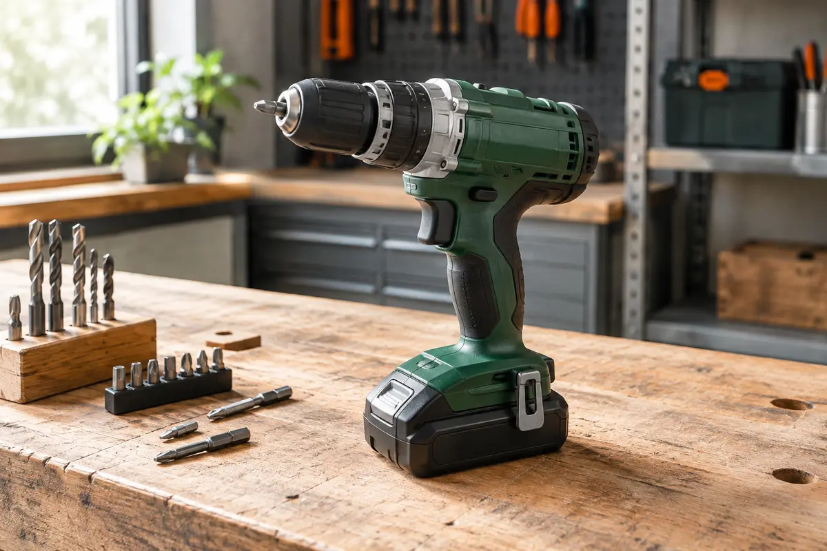 Perceuse-visseuse sans fil verte posée sur un établi en bois, avec sa batterie et des accessoires rangés.