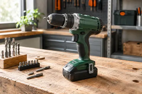 Perceuse-visseuse sans fil verte posée sur un établi en bois, avec sa batterie et des accessoires rangés.