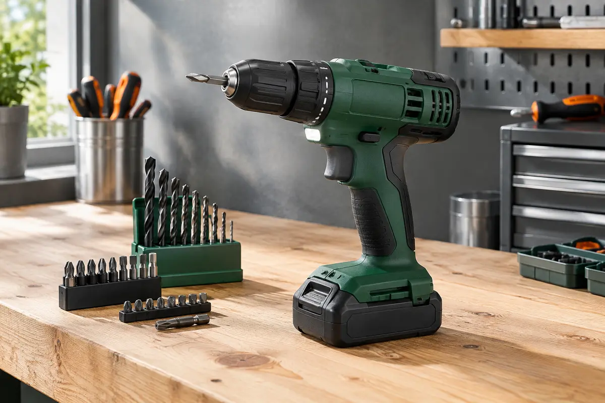 Perceuse-visseuse sans fil verte avec batterie, chargeur et accessoires disposés sur un établi en bois
