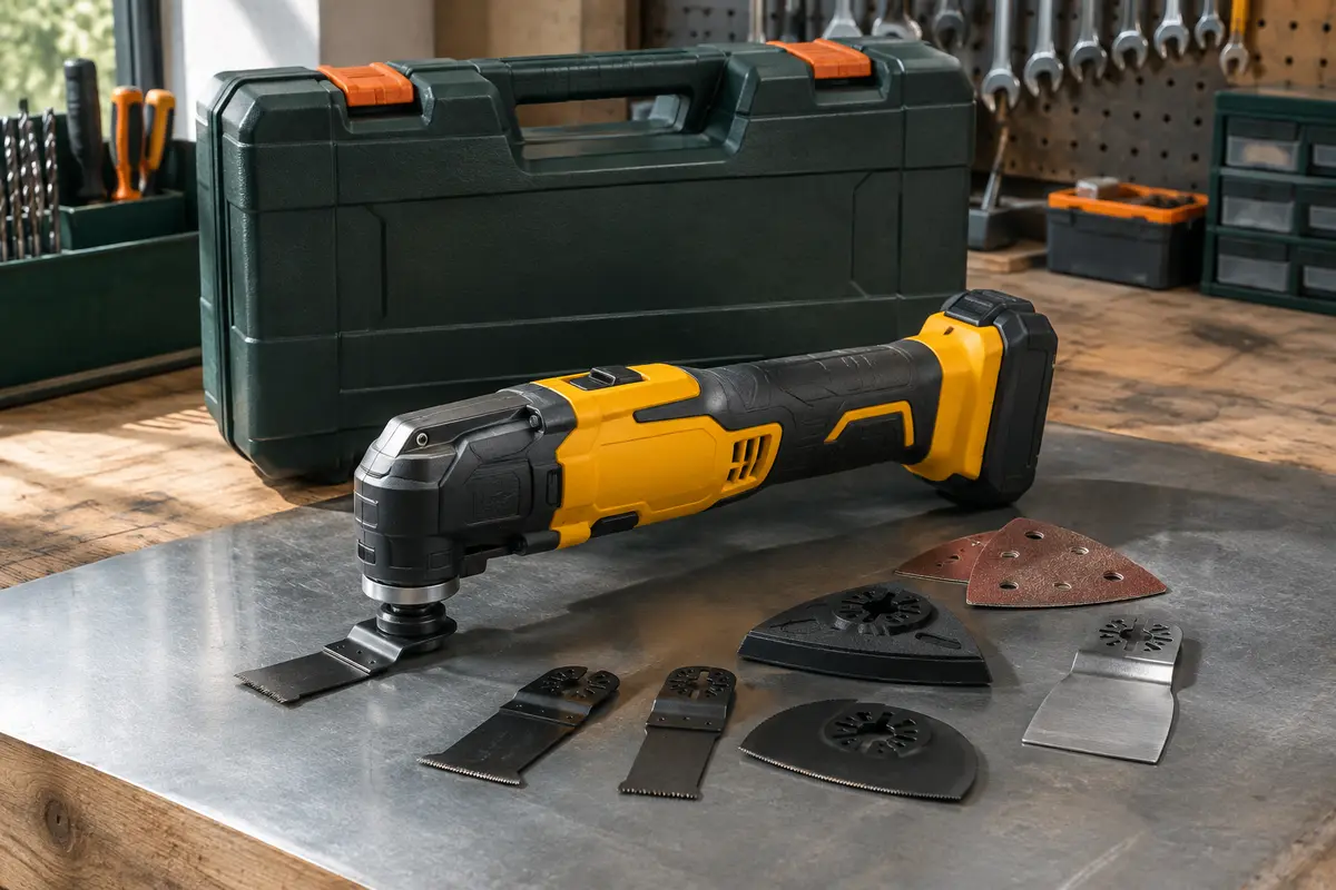 Outil oscillant Dewalt jaune avec accessoires de coupe et de raclage dans un coffret TSTAK