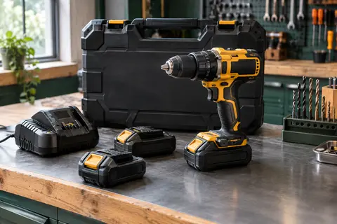 Perceuse-visseuse à percussion compacte avec deux batteries, chargeur et coffret de transport dans un atelier.